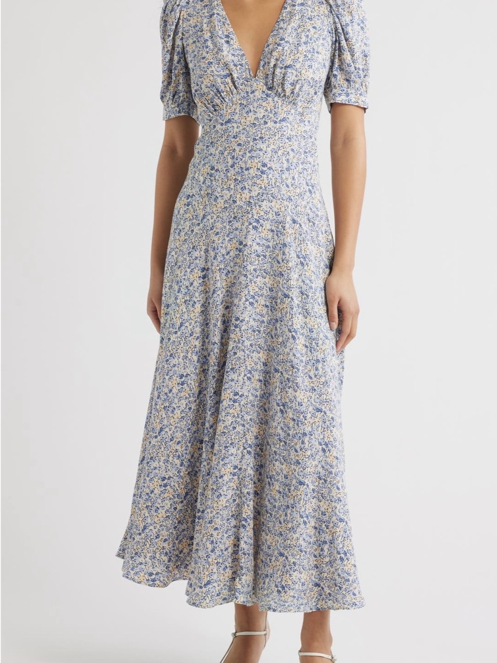 Reformation Naira dress, cream and blue, 12